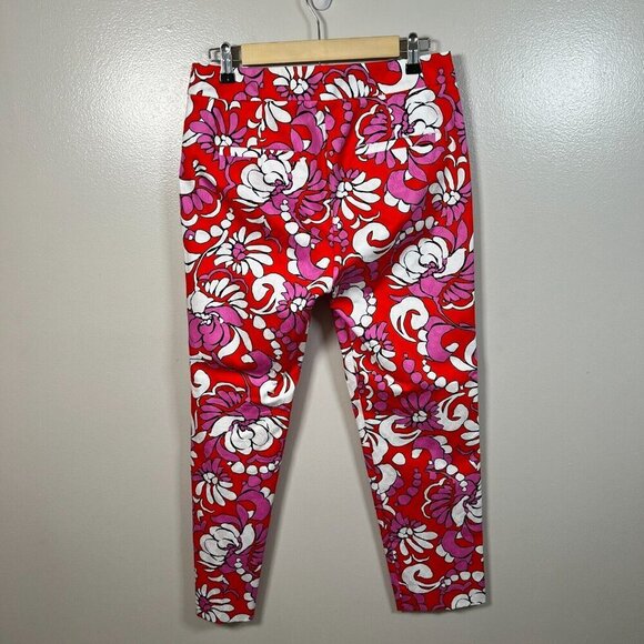Trina Turk Moss 2 Pants Size 6 Red Pink Floral Tapered Cropped Tropical Preppy - Picture 2 of 10